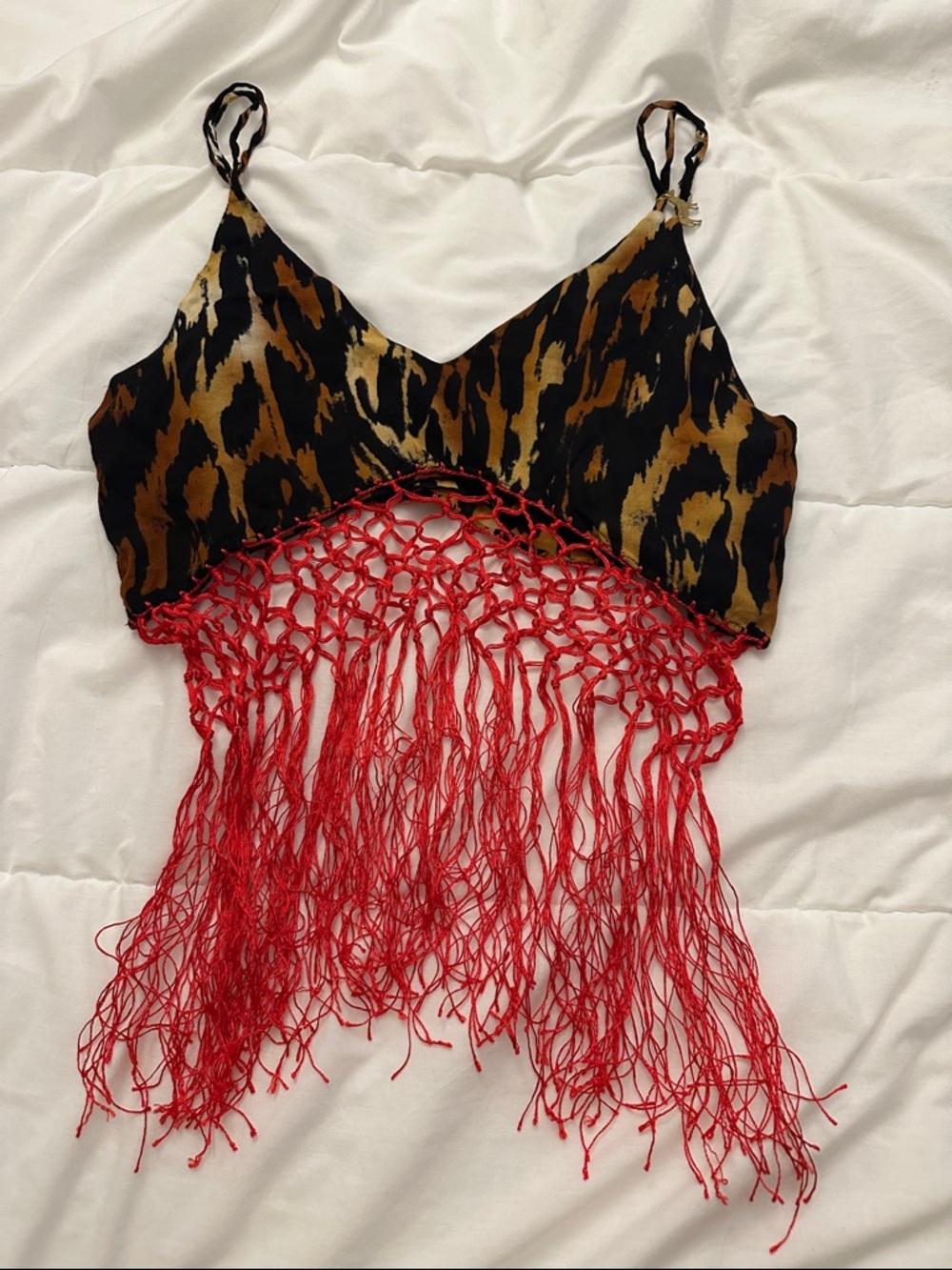 Leopard Print Fringe Crop Top with Red Tassel Detail